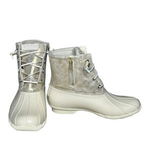 SPERRY Top-Sider Women’s Saltwater Shimmer Leather Ivory Duck Booties Size 8